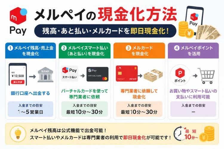 メルペイの残高別の現金化方法の解説画像